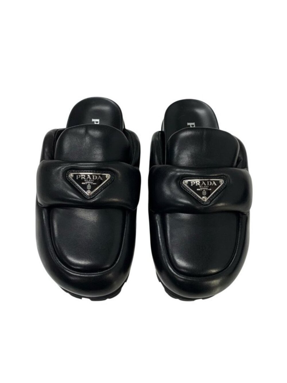 Prada Sandals Shoes Leather Black Triangle Logo Padded Nappa Sabot Mule - Picture 2 of 10